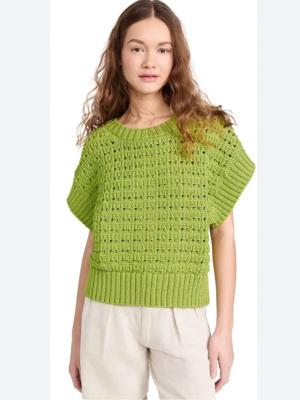 Varley Fillmore Knit Top Womens L Lime Green Cropped Boxy Fit Sweater Cottage
